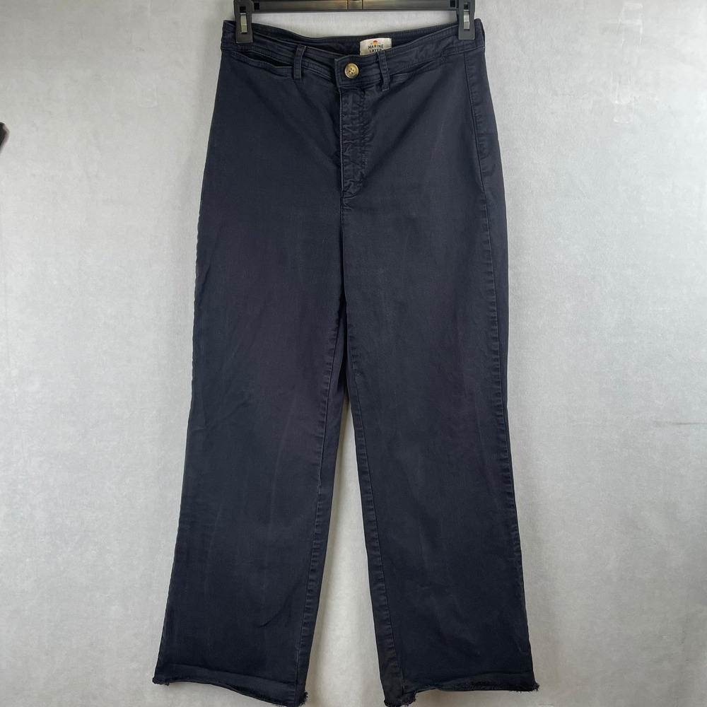 Marine Layer Full Length Raw Edge Bridget Wide Leg Pants Washed Black Hi Rise 12
